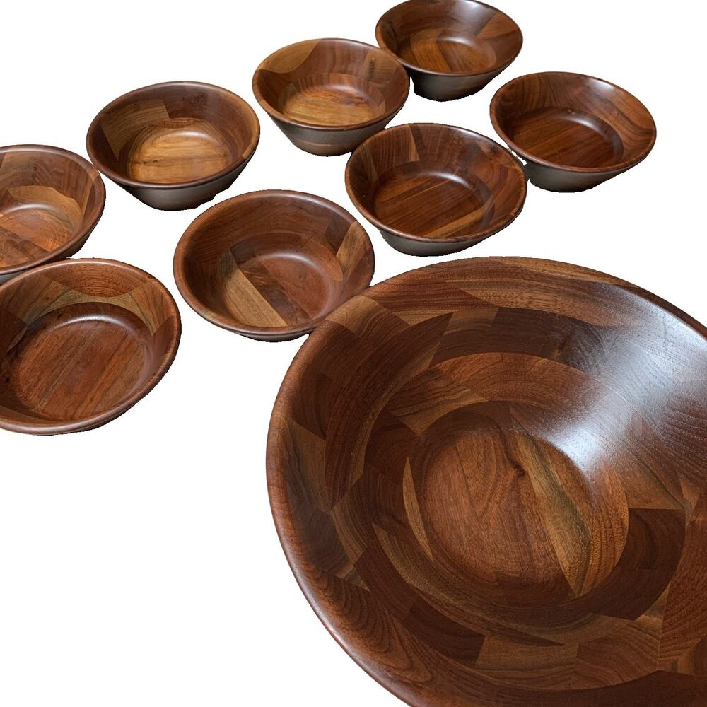 Vermillion Walnut Wood Salad Bowl Set 8 Small Bowls 1 Large Bowl Made in U.S.